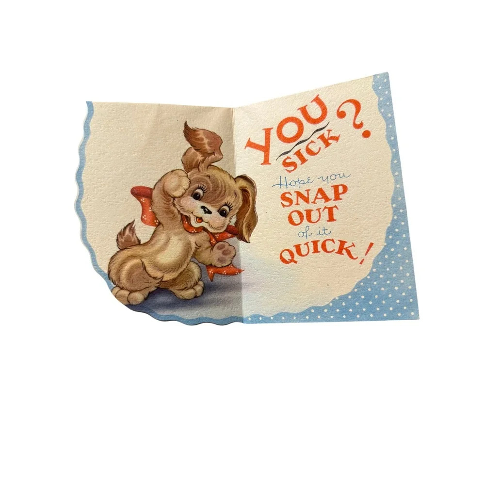Vintage Puppy Get Well Card Die Cut Retro Polka Dot Blue Red